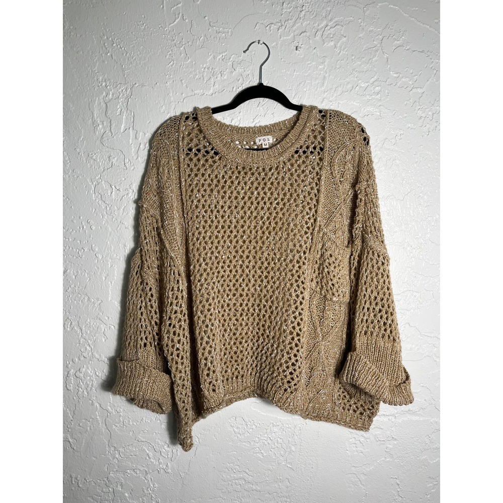 POL Women's M Tan Open Knit Cable Sweater Oversized Boho Distressed Pullove